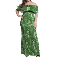 Vintage Hawaiian Quilting Patterns Off Shoulder Maxi Dress Green Style Tribal Fabric Patchwork LT9 Women Green - Polynesian Pride