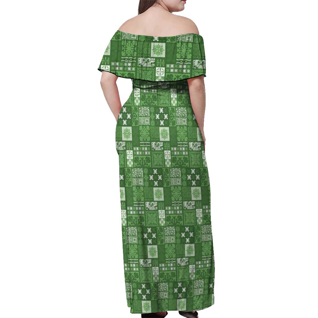 Vintage Hawaiian Quilting Patterns Off Shoulder Maxi Dress Green Style Tribal Fabric Patchwork LT9 - Polynesian Pride
