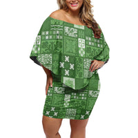 Vintage Hawaiian Quilting Patterns Off Shoulder Short Dress Green Style Tribal Fabric Patchwork LT9 Women Green - Polynesian Pride