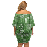 Vintage Hawaiian Quilting Patterns Off Shoulder Short Dress Green Style Tribal Fabric Patchwork LT9 - Polynesian Pride