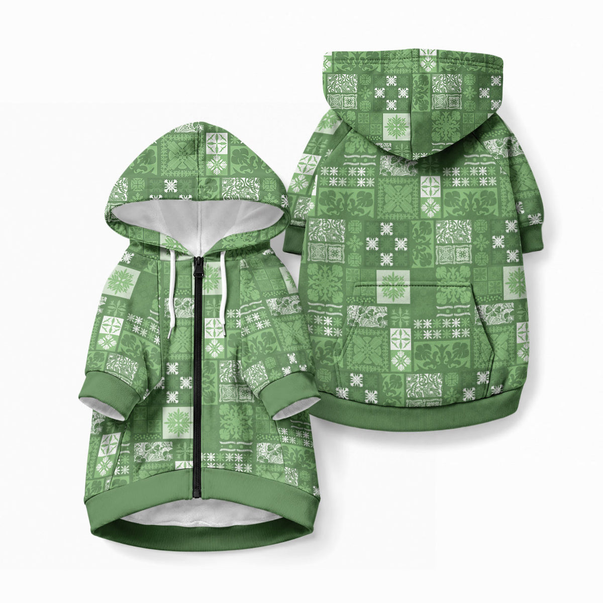 Vintage Hawaiian Quilting Patterns Pet Hoodie Green Style Tribal Fabric Patchwork LT9 Zip-up Green - Polynesian Pride