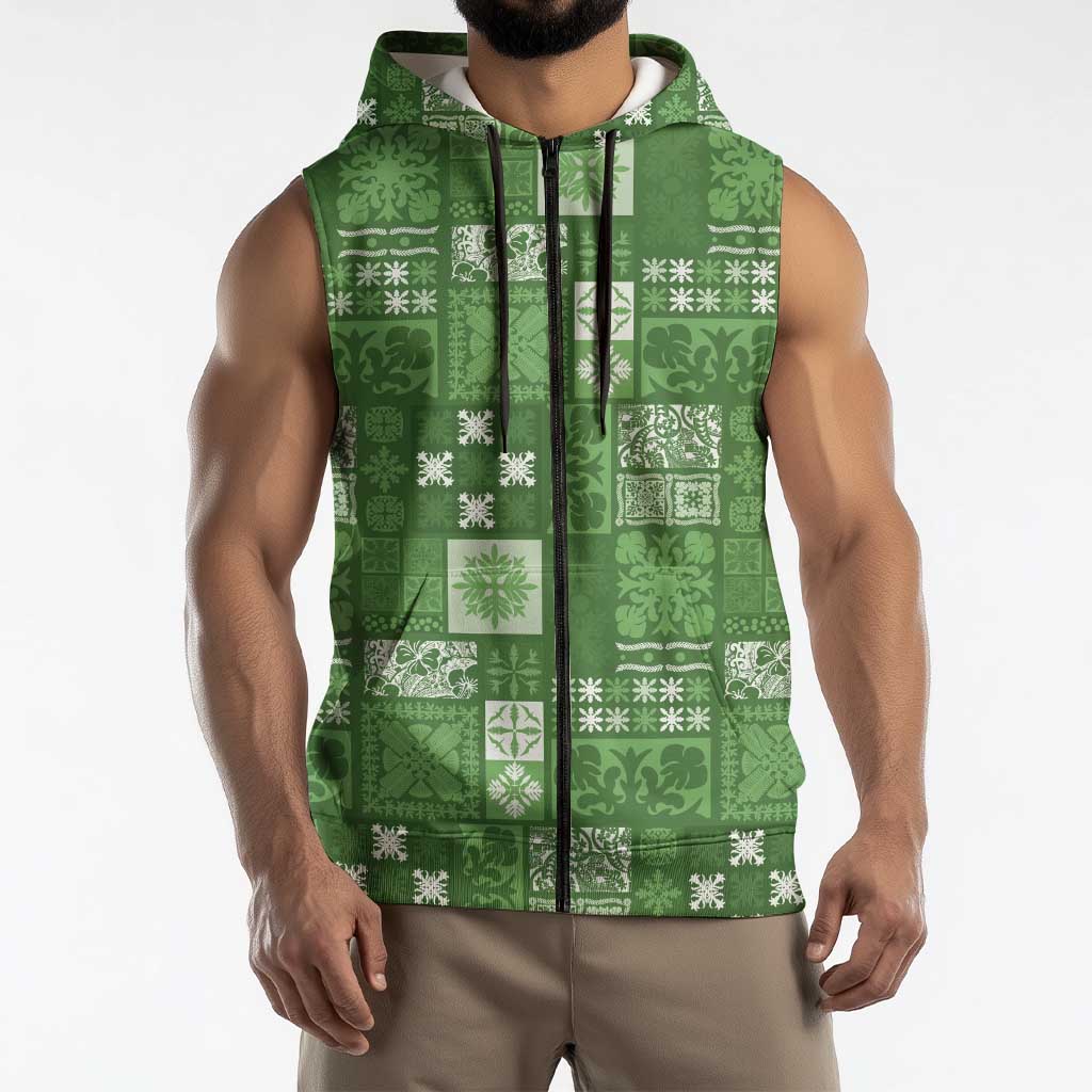 Vintage Hawaiian Quilting Patterns Sleeveless Zip Hoodie Green Style Tribal Fabric Patchwork LT9 - Polynesian Pride