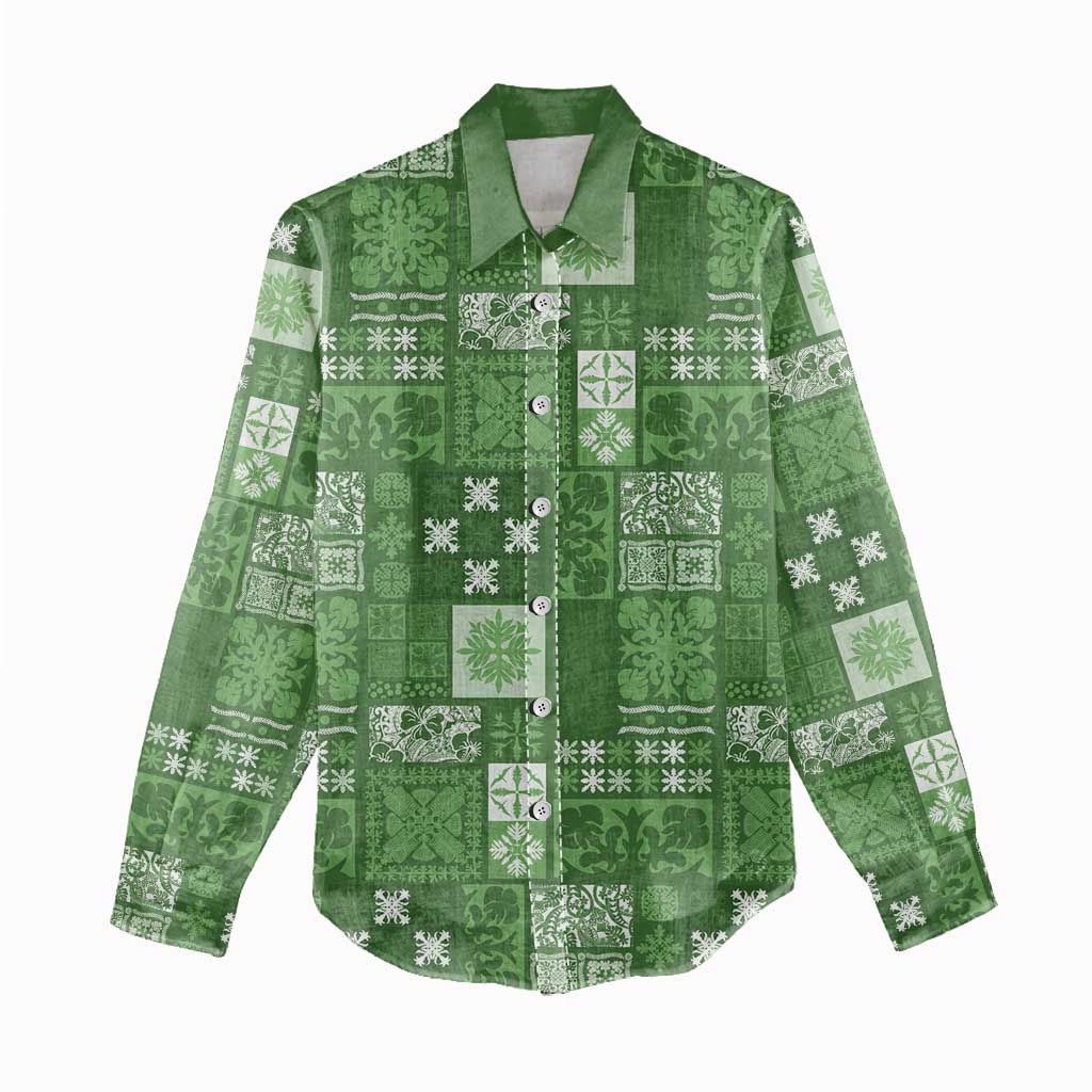 Vintage Hawaiian Quilting Patterns Women Casual Shirt Green Style Tribal Fabric Patchwork LT9 - Polynesian Pride