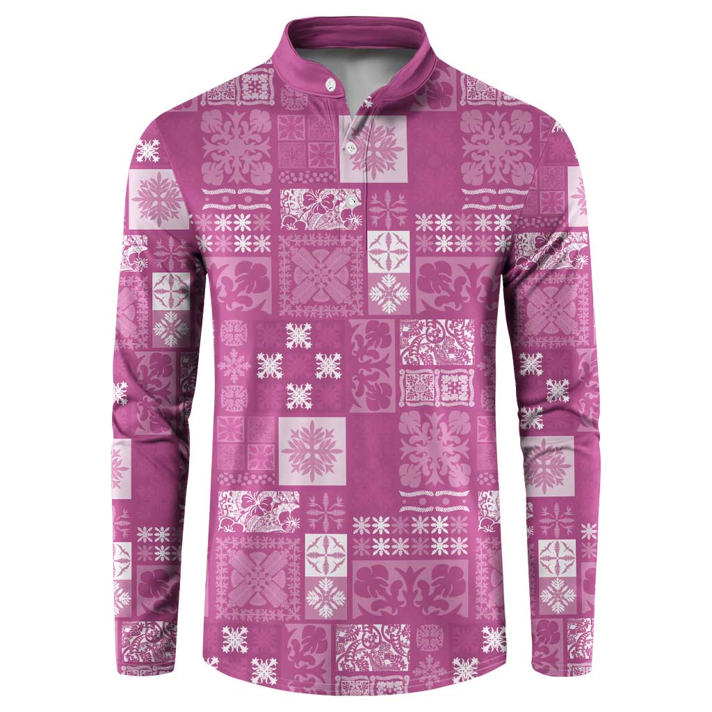Vintage Hawaiian Quilting Patterns Button Sweatshirt Pink Style Tribal Fabric Patchwork LT9 Pink - Polynesian Pride