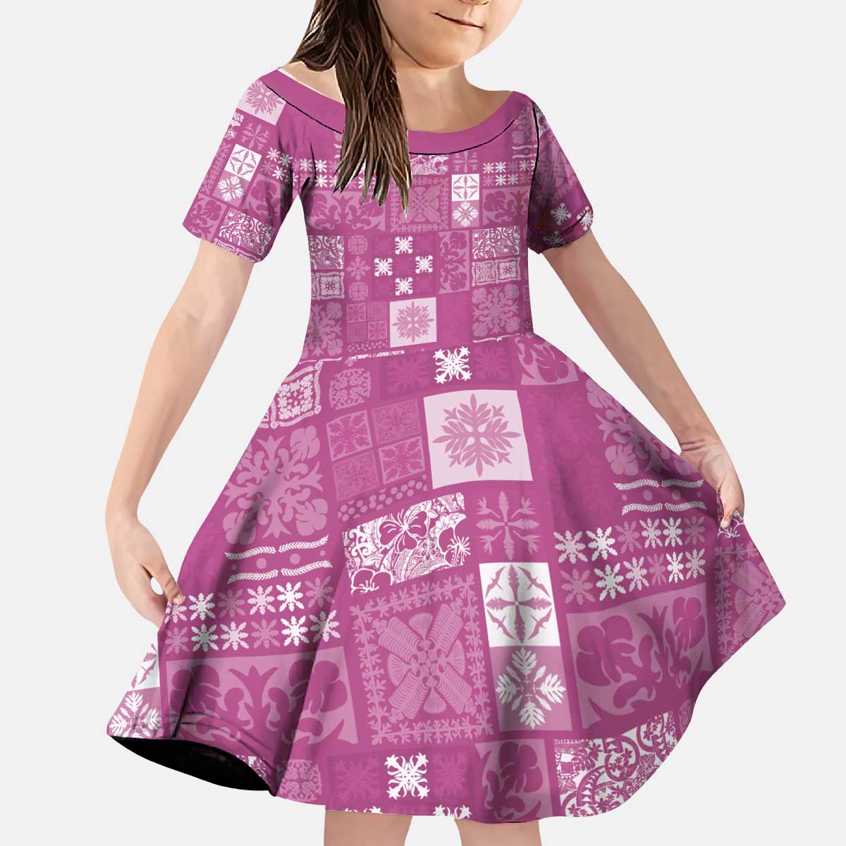 Vintage Hawaiian Quilting Patterns Kid Short Sleeve Dress Pink Style Tribal Fabric Patchwork LT9 KID Pink - Polynesian Pride