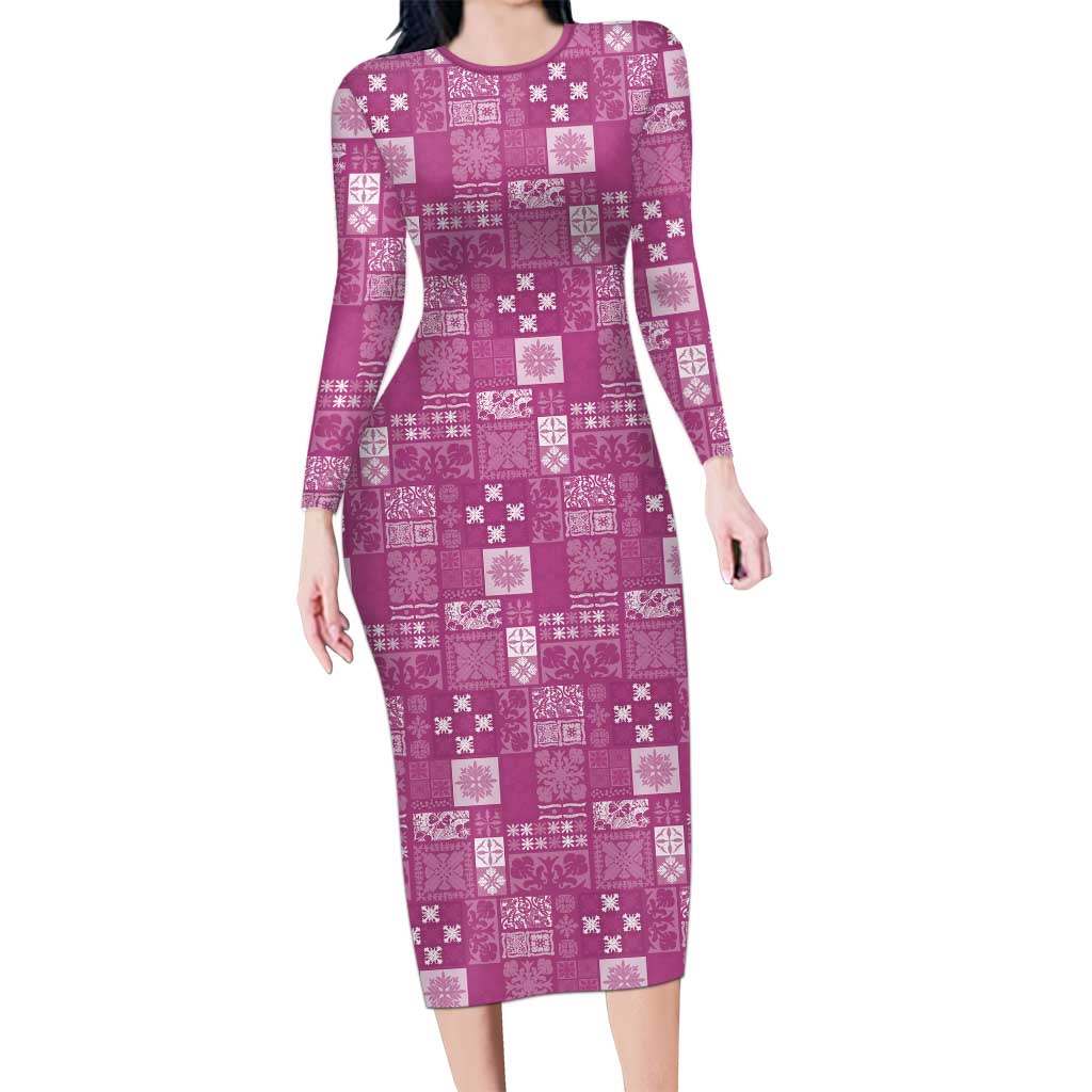 Vintage Hawaiian Quilting Patterns Long Sleeve Bodycon Dress Pink Style Tribal Fabric Patchwork LT9 Long Dress Pink - Polynesian Pride