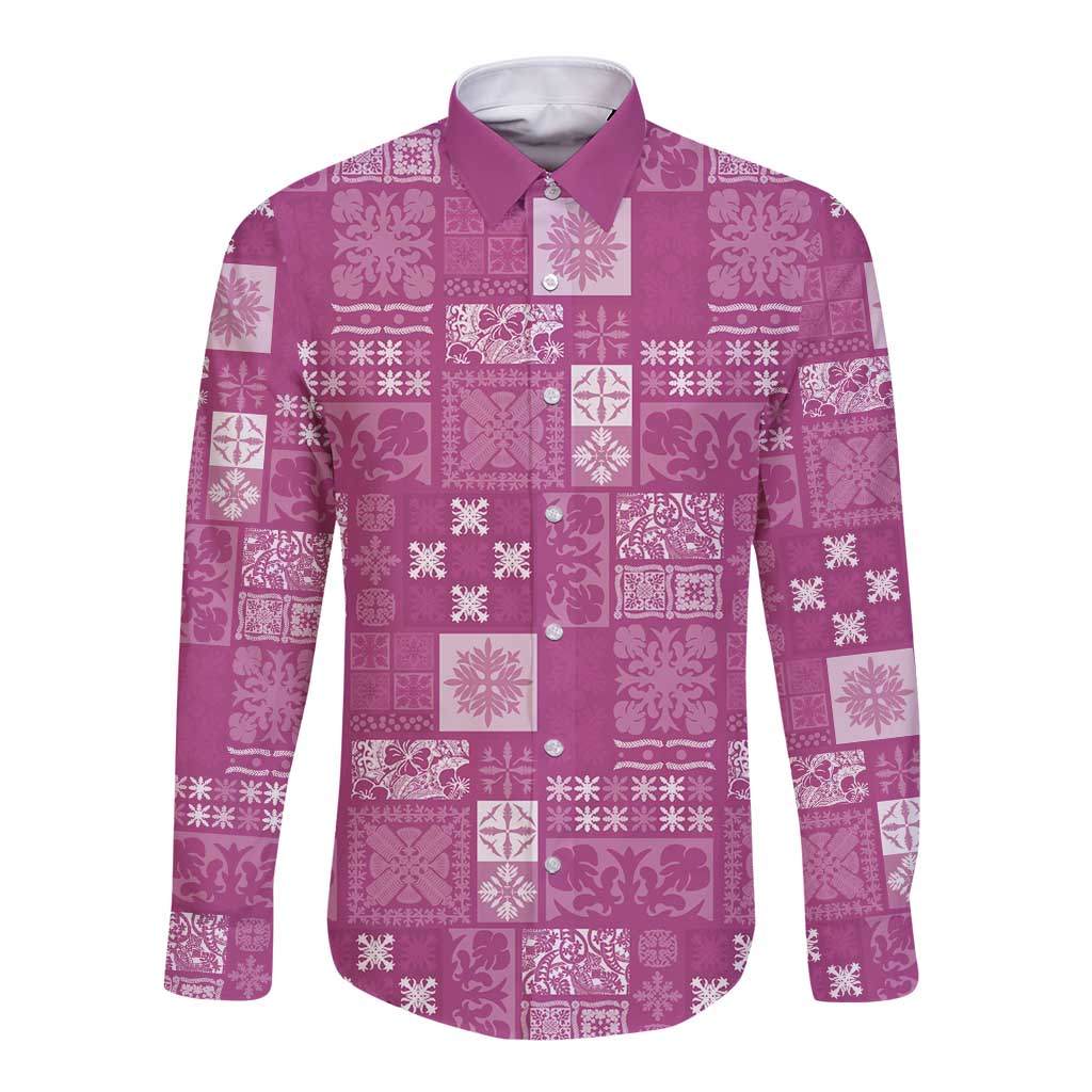 Vintage Hawaiian Quilting Patterns Long Sleeve Button Shirt Pink Style Tribal Fabric Patchwork LT9 Unisex Pink - Polynesian Pride