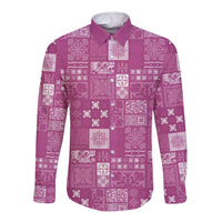 Vintage Hawaiian Quilting Patterns Long Sleeve Button Shirt Pink Style Tribal Fabric Patchwork LT9 Unisex Pink - Polynesian Pride