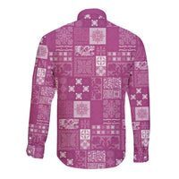 Vintage Hawaiian Quilting Patterns Long Sleeve Button Shirt Pink Style Tribal Fabric Patchwork LT9 - Polynesian Pride
