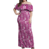 Vintage Hawaiian Quilting Patterns Off Shoulder Maxi Dress Pink Style Tribal Fabric Patchwork LT9 Women Pink - Polynesian Pride