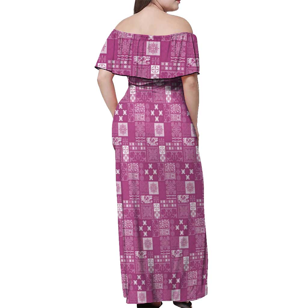 Vintage Hawaiian Quilting Patterns Off Shoulder Maxi Dress Pink Style Tribal Fabric Patchwork LT9 - Polynesian Pride
