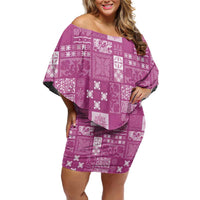 Vintage Hawaiian Quilting Patterns Off Shoulder Short Dress Pink Style Tribal Fabric Patchwork LT9 Women Pink - Polynesian Pride