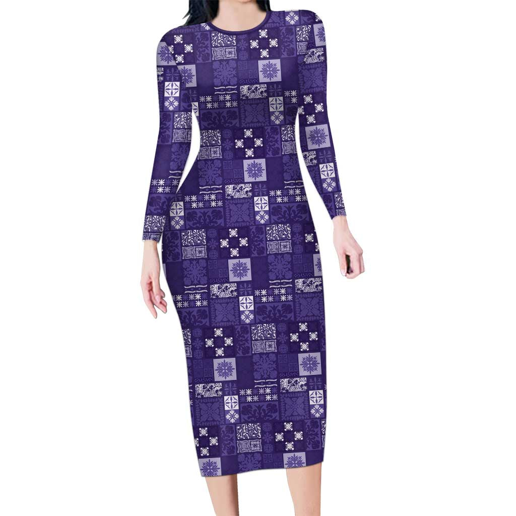 Vintage Hawaiian Quilting Patterns Long Sleeve Bodycon Dress Purple Style Tribal Fabric Patchwork LT9 Long Dress Purple - Polynesian Pride
