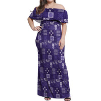 Vintage Hawaiian Quilting Patterns Off Shoulder Maxi Dress Purple Style Tribal Fabric Patchwork LT9 Women Purple - Polynesian Pride