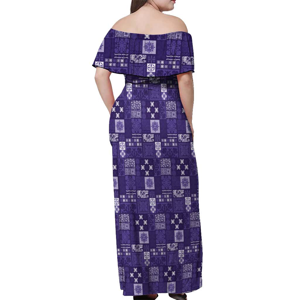 Vintage Hawaiian Quilting Patterns Off Shoulder Maxi Dress Purple Style Tribal Fabric Patchwork LT9 - Polynesian Pride