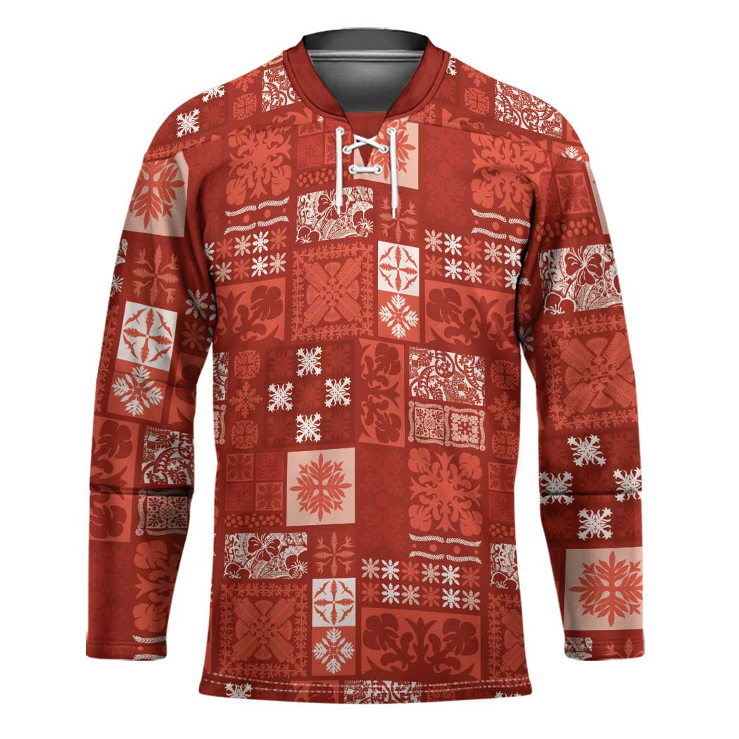 Vintage Hawaiian Quilting Patterns Hockey Jersey Red Style Tribal Fabric Patchwork LT9 Unisex Red - Polynesian Pride