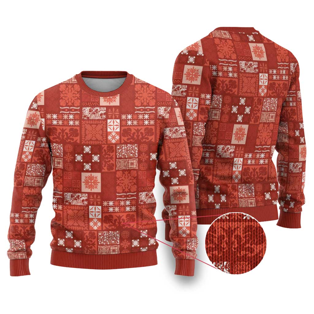 Vintage Hawaiian Quilting Patterns Ugly Christmas Sweater Red Style Tribal Fabric Patchwork LT9 Red - Polynesian Pride
