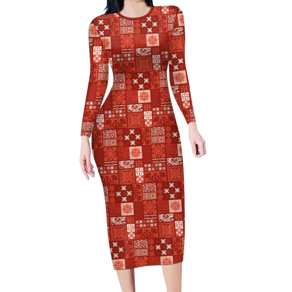 Vintage Hawaiian Quilting Patterns Long Sleeve Bodycon Dress Red Style Tribal Fabric Patchwork LT9 Long Dress Red - Polynesian Pride