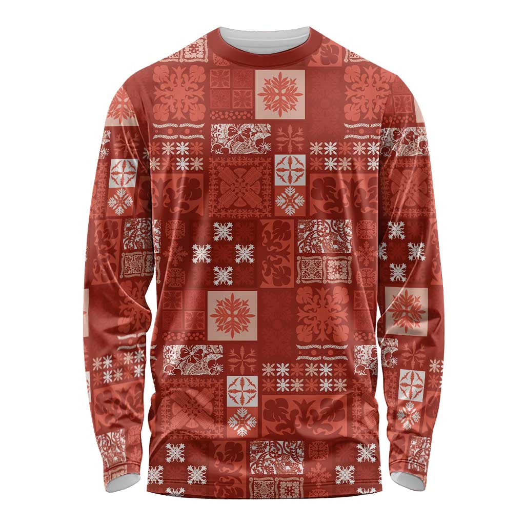 Vintage Hawaiian Quilting Patterns Long Sleeve Shirt Red Style Tribal Fabric Patchwork LT9 Unisex Red - Polynesian Pride