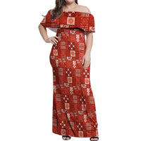 Vintage Hawaiian Quilting Patterns Off Shoulder Maxi Dress Red Style Tribal Fabric Patchwork LT9 Women Red - Polynesian Pride