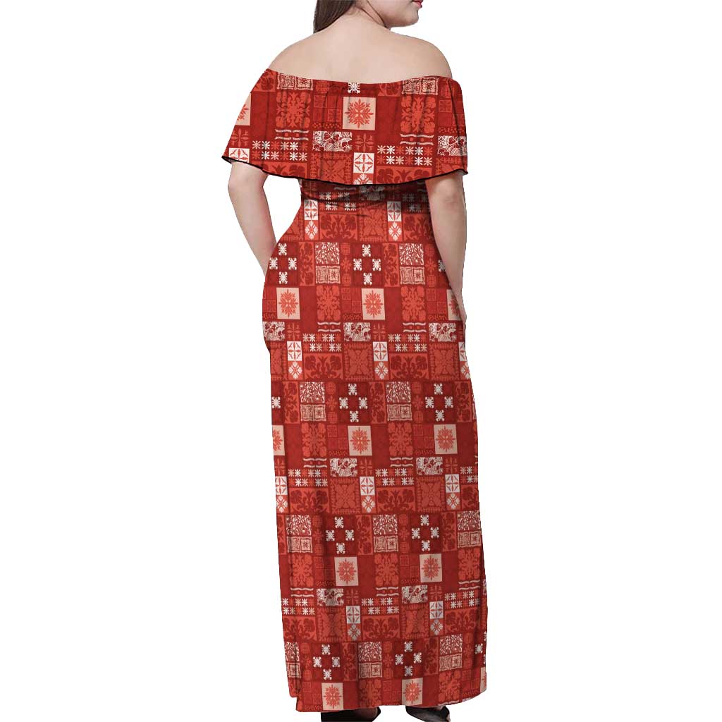 Vintage Hawaiian Quilting Patterns Off Shoulder Maxi Dress Red Style Tribal Fabric Patchwork LT9 - Polynesian Pride
