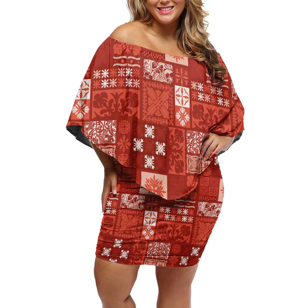 Vintage Hawaiian Quilting Patterns Off Shoulder Short Dress Red Style Tribal Fabric Patchwork LT9 Women Red - Polynesian Pride