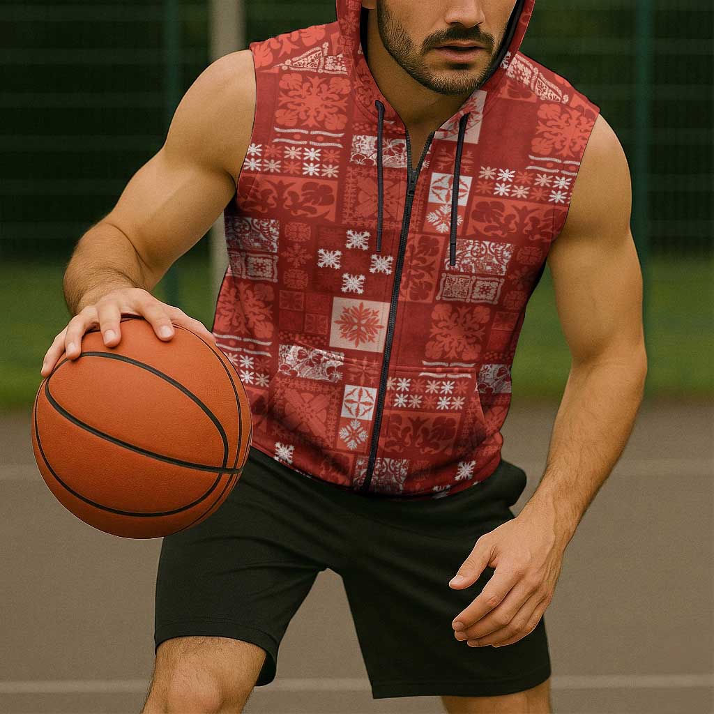 Vintage Hawaiian Quilting Patterns Sleeveless Zip Hoodie Red Style Tribal Fabric Patchwork LT9 - Polynesian Pride