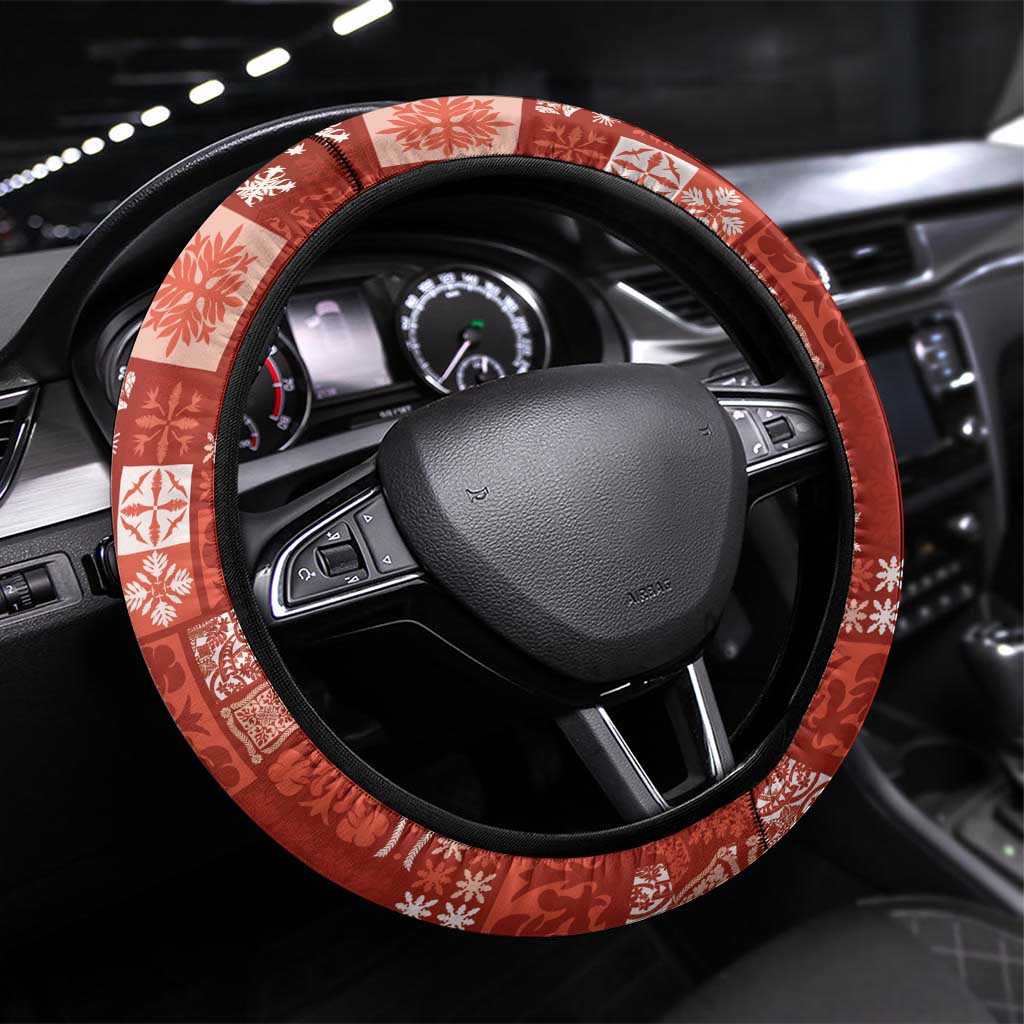 Vintage Hawaiian Quilting Patterns Steering Wheel Cover Red Style Tribal Fabric Patchwork LT9 Universal Fit Red - Polynesian Pride