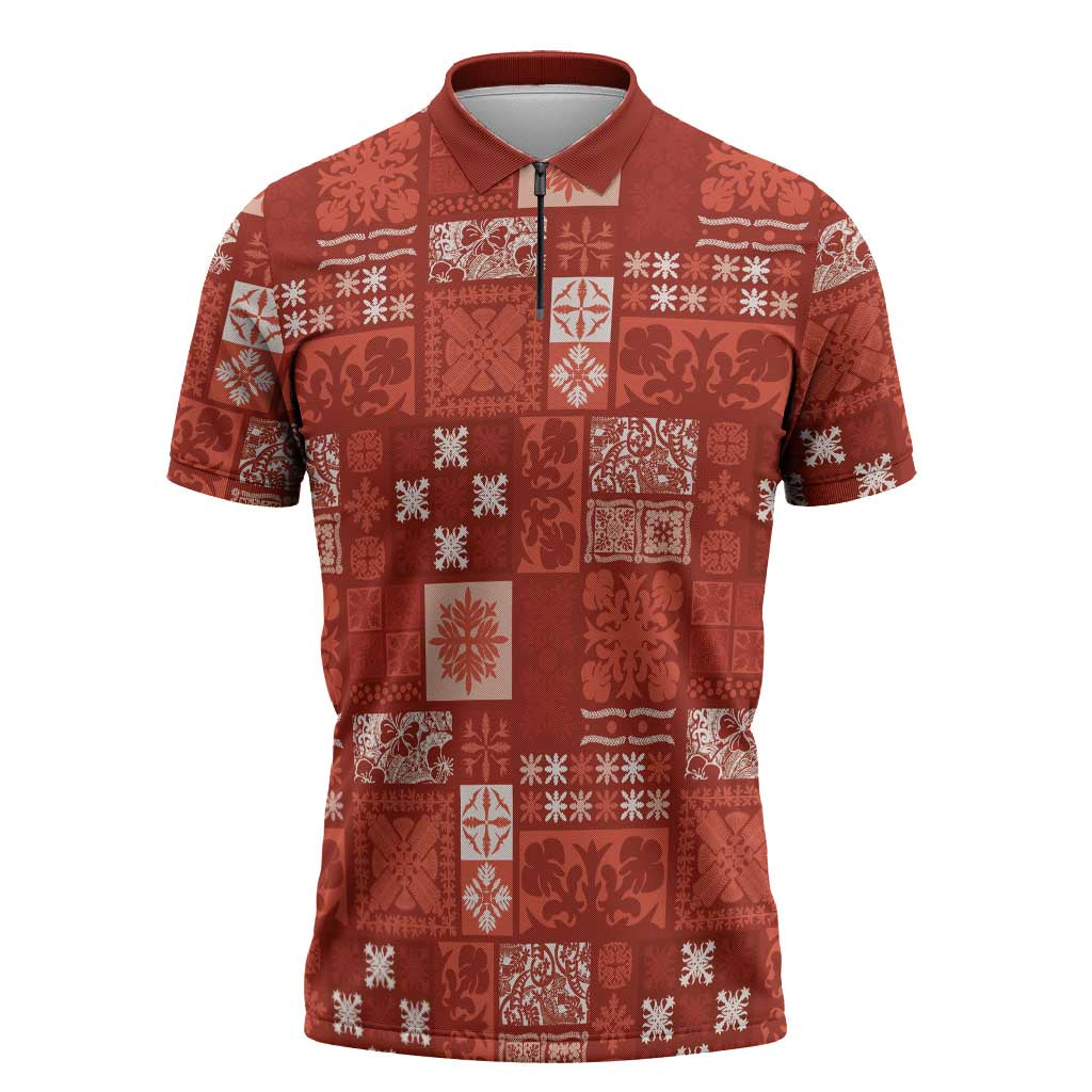 Vintage Hawaiian Quilting Patterns Zipper Polo Shirt Red Style Tribal Fabric Patchwork LT9 Red - Polynesian Pride