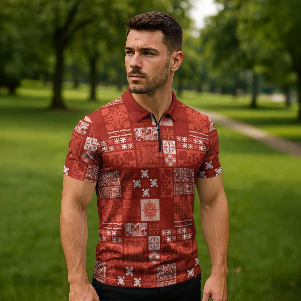 Vintage Hawaiian Quilting Patterns Zipper Polo Shirt Red Style Tribal Fabric Patchwork LT9 - Polynesian Pride