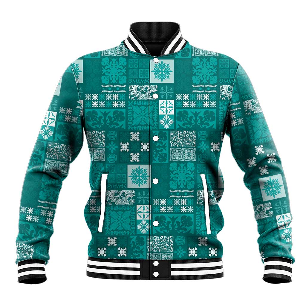 Vintage Hawaiian Quilting Patterns Baseball Jacket Turquoise Style Tribal Fabric Patchwork LT9 Unisex Turquoise - Polynesian Pride