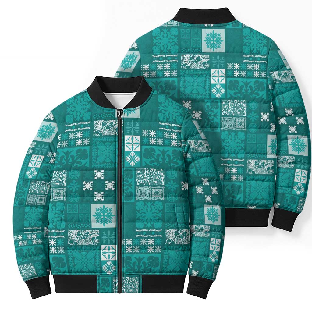 Vintage Hawaiian Quilting Patterns Bomber Puffer Jacket Turquoise Style Tribal Fabric Patchwork LT9 - Polynesian Pride