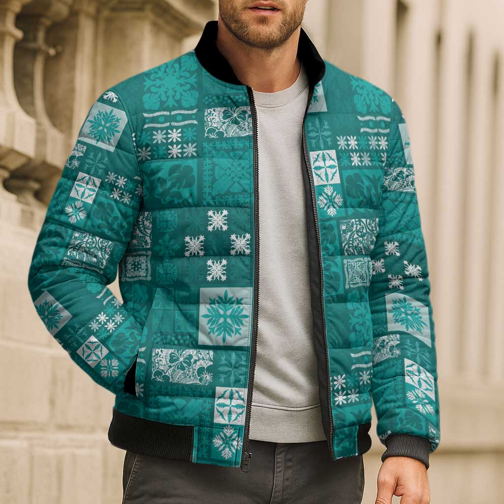 Vintage Hawaiian Quilting Patterns Bomber Puffer Jacket Turquoise Style Tribal Fabric Patchwork LT9 - Polynesian Pride