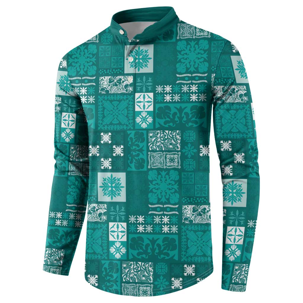 Vintage Hawaiian Quilting Patterns Button Sweatshirt Turquoise Style Tribal Fabric Patchwork LT9 - Polynesian Pride