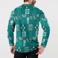 Vintage Hawaiian Quilting Patterns Button Sweatshirt Turquoise Style Tribal Fabric Patchwork LT9 - Polynesian Pride