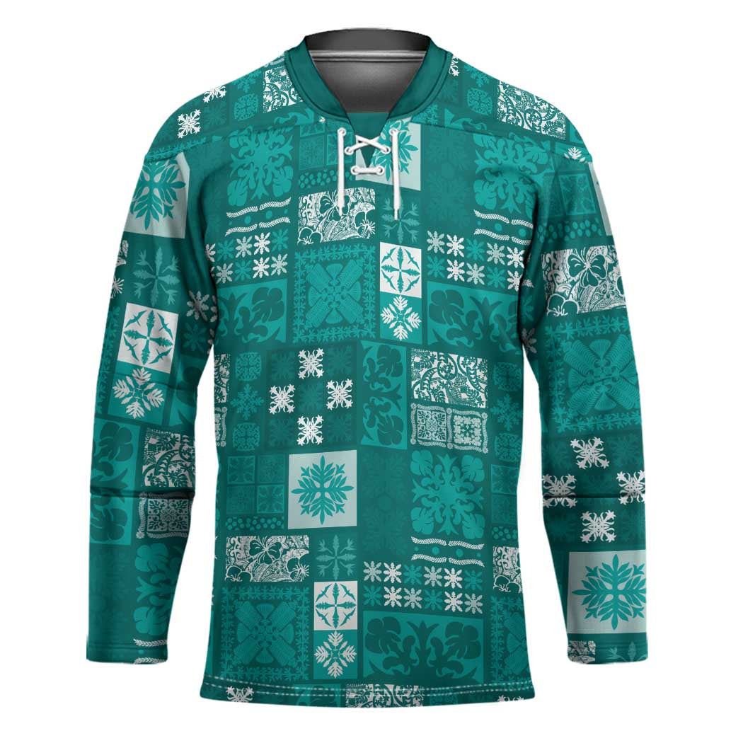 Vintage Hawaiian Quilting Patterns Hockey Jersey Turquoise Style Tribal Fabric Patchwork LT9 Unisex Turquoise - Polynesian Pride