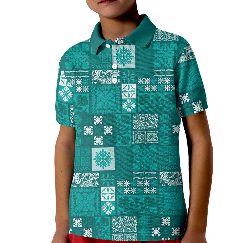 Vintage Hawaiian Quilting Patterns Kid Polo Shirt Turquoise Style Tribal Fabric Patchwork LT9 Kid Turquoise - Polynesian Pride