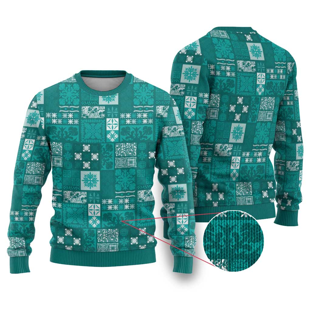 Vintage Hawaiian Quilting Patterns Ugly Christmas Sweater Turquoise Style Tribal Fabric Patchwork LT9 Turquoise - Polynesian Pride