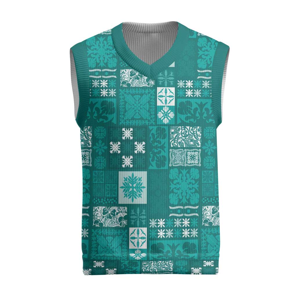 Vintage Hawaiian Quilting Patterns Christmas Knitted V-Neck Vest Turquoise Style Tribal Fabric Patchwork LT9 Turquoise - Polynesian Pride