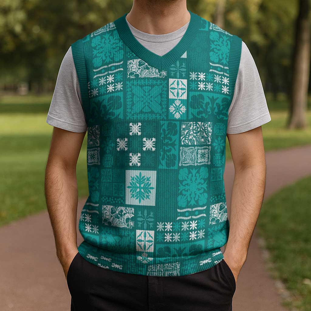 Vintage Hawaiian Quilting Patterns Christmas Knitted V-Neck Vest Turquoise Style Tribal Fabric Patchwork LT9 - Polynesian Pride