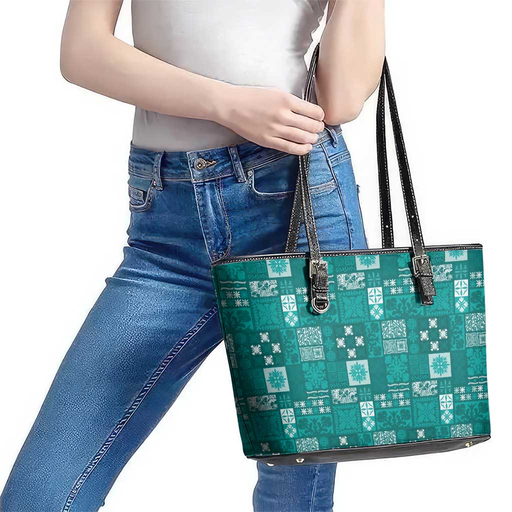 Vintage Hawaiian Quilting Patterns Leather Tote Bag Turquoise Style Tribal Fabric Patchwork LT9 - Polynesian Pride