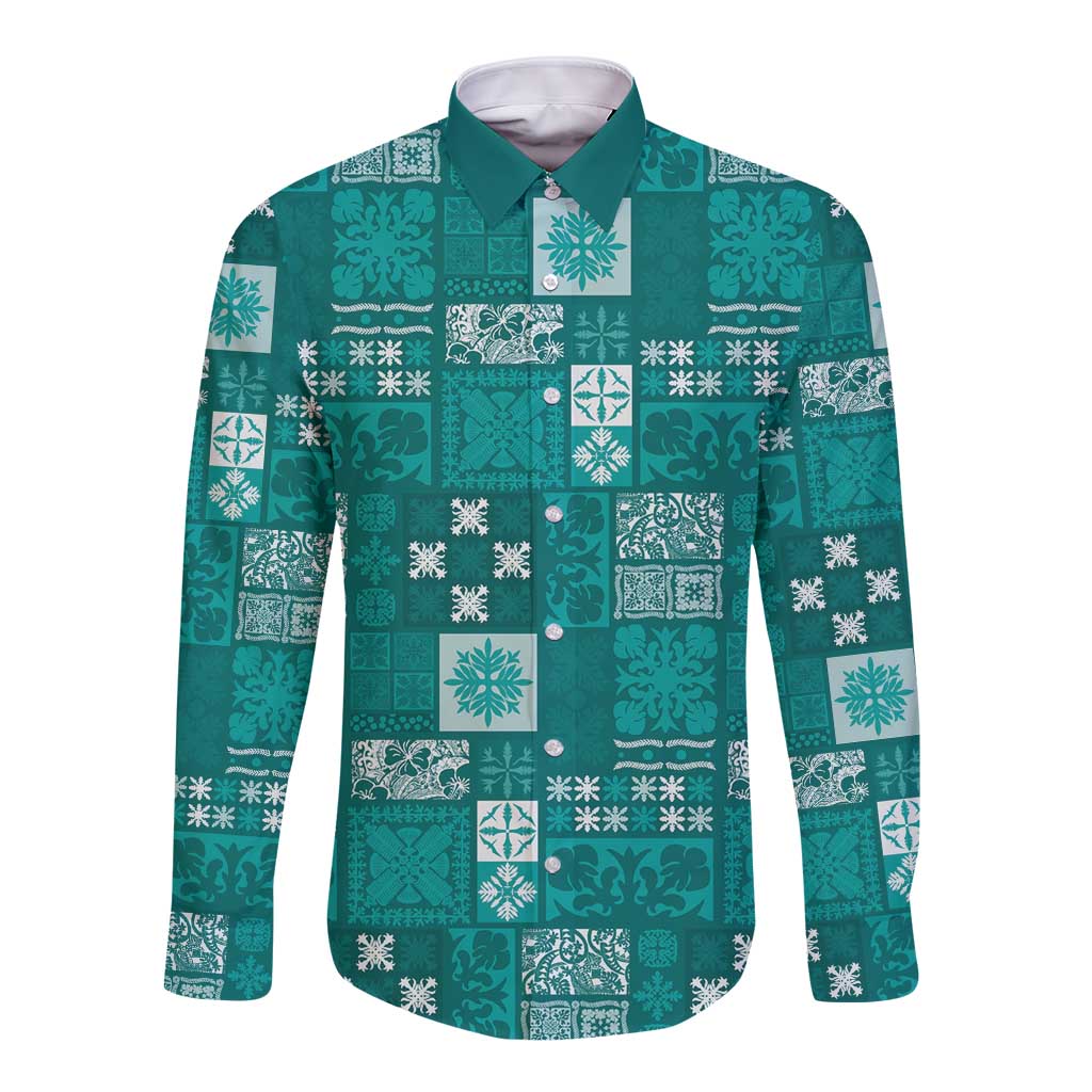 Vintage Hawaiian Quilting Patterns Long Sleeve Button Shirt Turquoise Style Tribal Fabric Patchwork LT9 Unisex Turquoise - Polynesian Pride