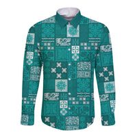 Vintage Hawaiian Quilting Patterns Long Sleeve Button Shirt Turquoise Style Tribal Fabric Patchwork LT9 Unisex Turquoise - Polynesian Pride