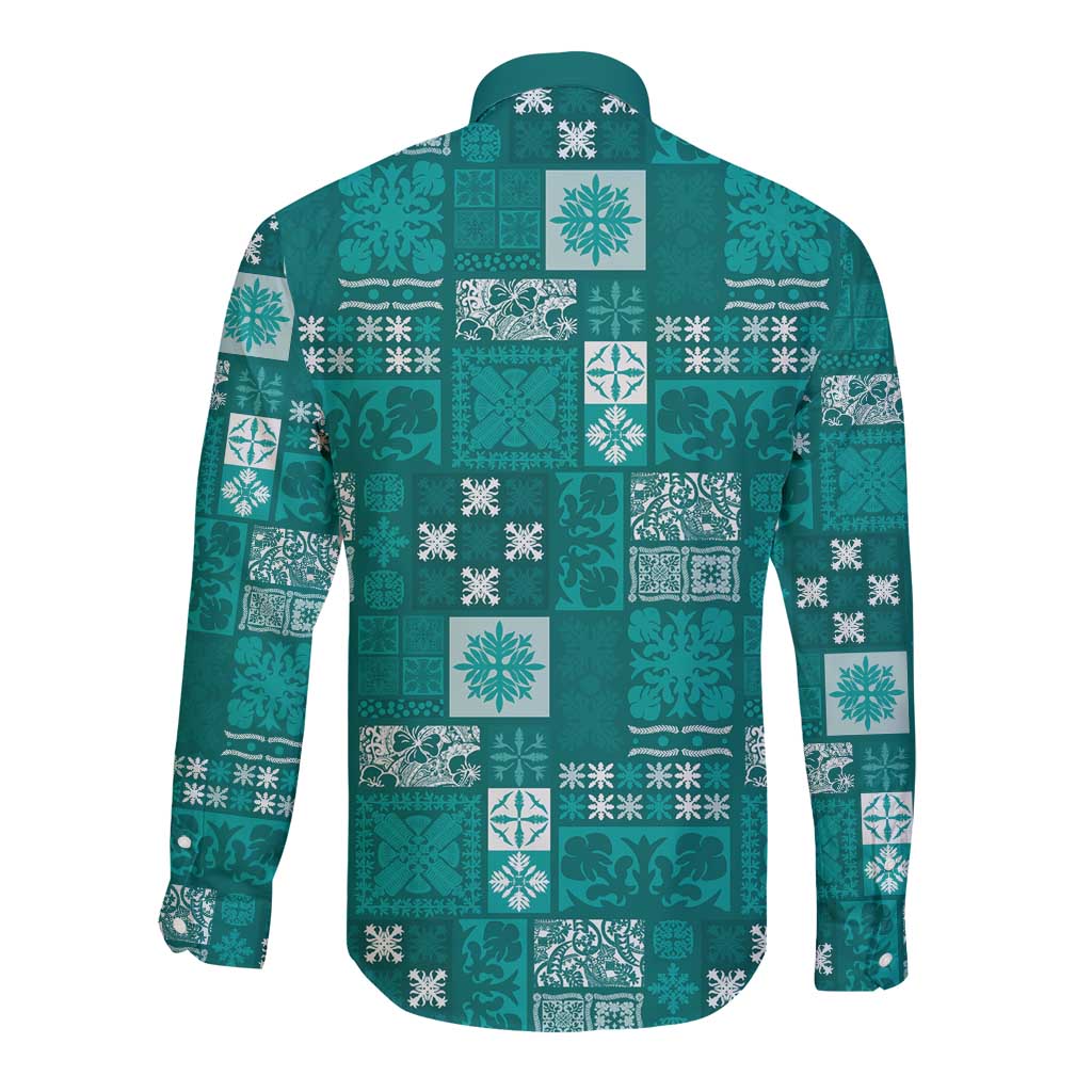 Vintage Hawaiian Quilting Patterns Long Sleeve Button Shirt Turquoise Style Tribal Fabric Patchwork LT9 - Polynesian Pride