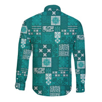 Vintage Hawaiian Quilting Patterns Long Sleeve Button Shirt Turquoise Style Tribal Fabric Patchwork LT9 - Polynesian Pride