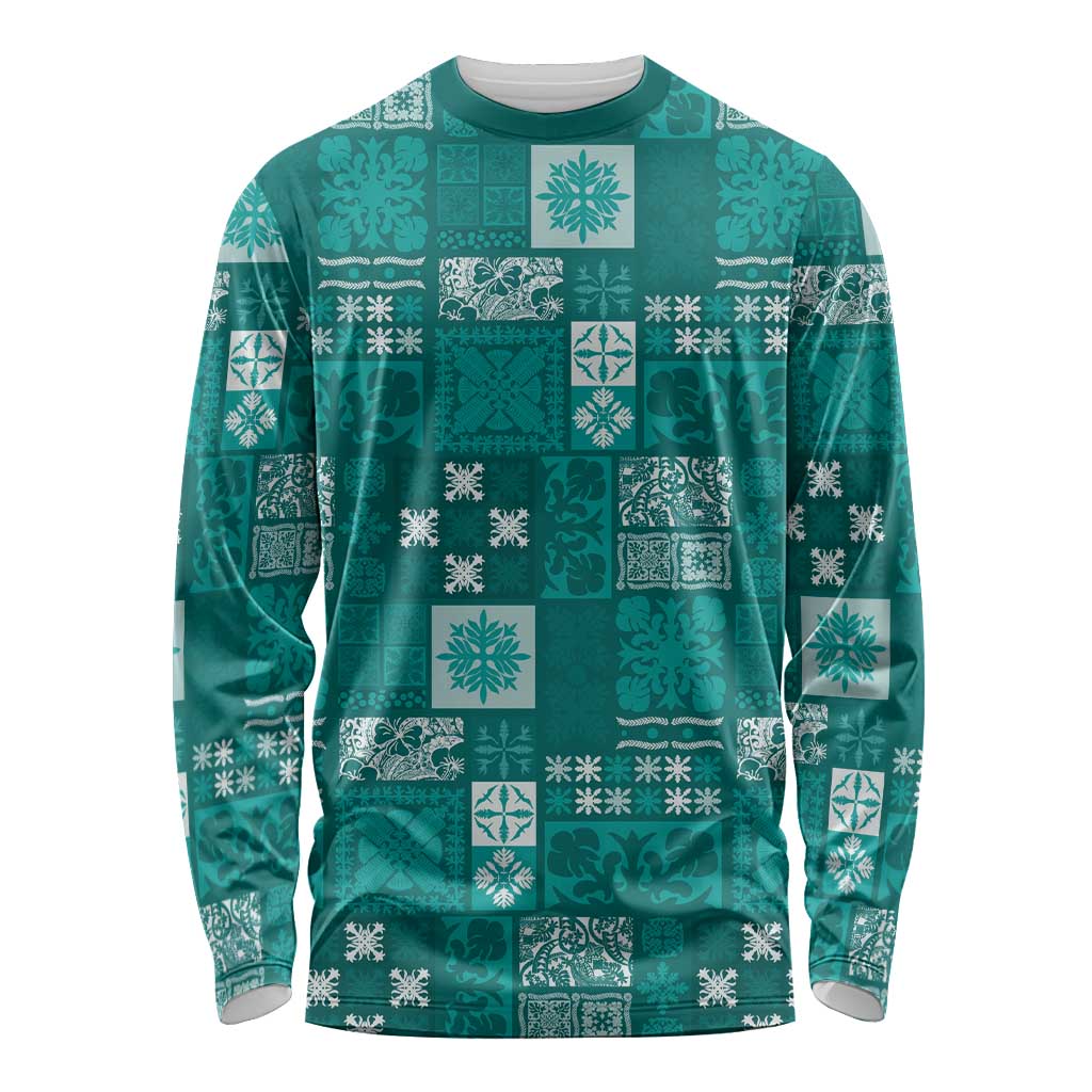 Vintage Hawaiian Quilting Patterns Long Sleeve Shirt Turquoise Style Tribal Fabric Patchwork LT9 Unisex Turquoise - Polynesian Pride