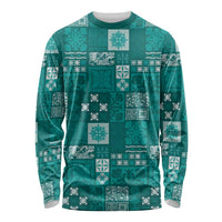 Vintage Hawaiian Quilting Patterns Long Sleeve Shirt Turquoise Style Tribal Fabric Patchwork LT9 Unisex Turquoise - Polynesian Pride