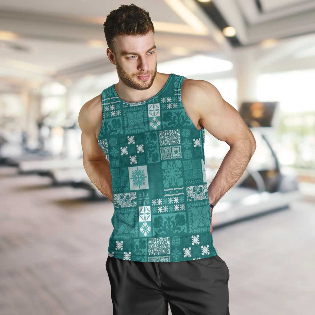 Vintage Hawaiian Quilting Patterns Men Tank Top Turquoise Style Tribal Fabric Patchwork LT9 Turquoise - Polynesian Pride