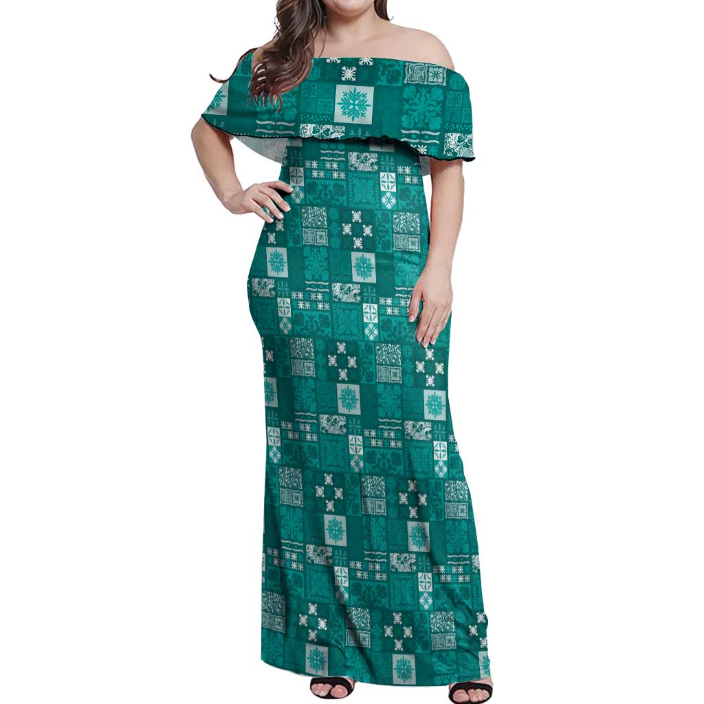 Vintage Hawaiian Quilting Patterns Off Shoulder Maxi Dress Turquoise Style Tribal Fabric Patchwork LT9 Women Turquoise - Polynesian Pride
