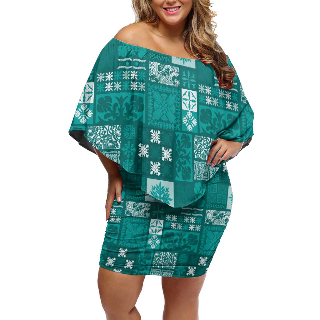 Vintage Hawaiian Quilting Patterns Off Shoulder Short Dress Turquoise Style Tribal Fabric Patchwork LT9 Women Turquoise - Polynesian Pride